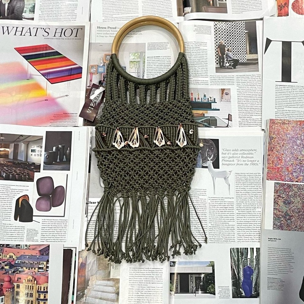 NWT VIETA vintage sage green shell beaded & wooden handle macrame bag